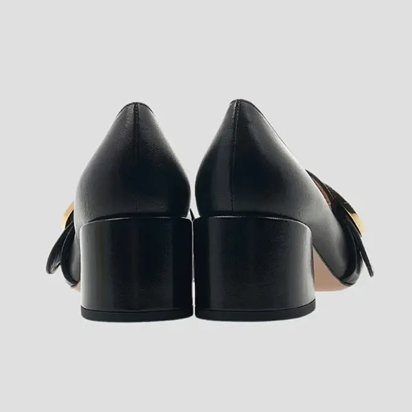 Giày Cao Gót Nữ Gucci Blondie Double G Logo Black Leather Block Heel Pumps 700053 C9000 1000 Màu Đen Size 35
