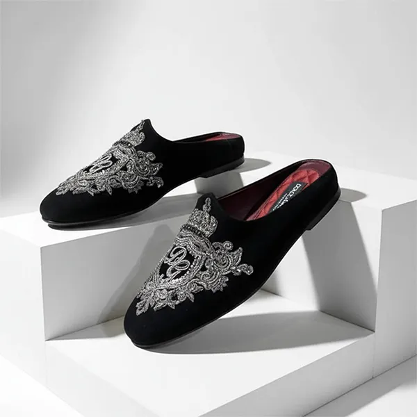 Giày Sục Nam Dolce & Gabbana D&G Crown Embroidered Club A80125 AK1761 Màu Đen Size 5