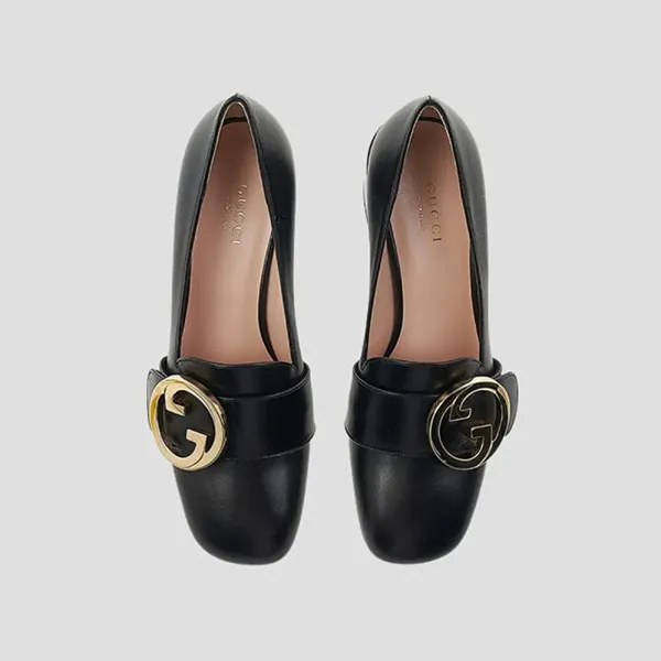 Giày Cao Gót Nữ Gucci Blondie Double G Logo Black Leather Block Heel Pumps 700053 C9000 1000 Màu Đen Size 35