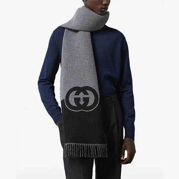 Khăn Quàng Cổ Gucci GG Wool Scarf Màu Xám Đen