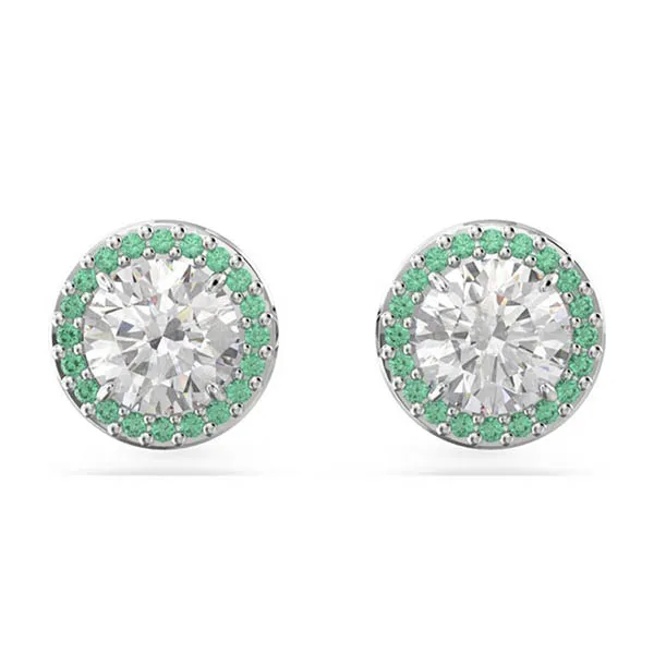 Khuyên Tai Nữ Swarovski Constella Stud, Round Cut, Pavé, Green, Rhodium Plated 5639750 Màu Xanh Bạc