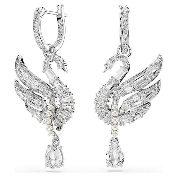 Khuyên Tai Nữ Swarovski Swan Earrings Swan, White, Rhodium Plated 5723388 Màu Bạc