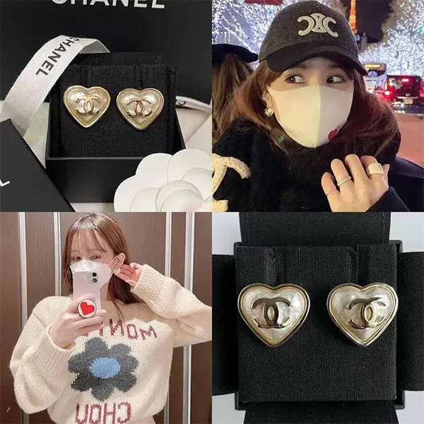 Khuyên Tai Chanel Pearl White CC Logo Heart Earrings AB7530 Màu Vàng Trắng