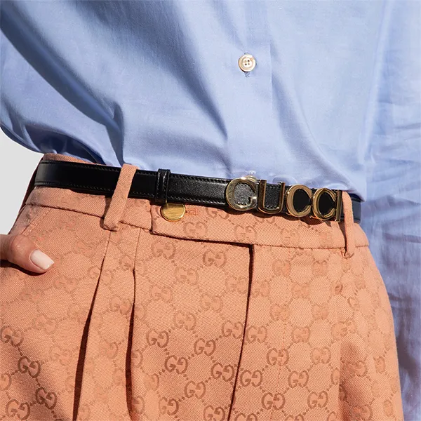 Thắt Lưng Nữ Gucci Gucci Buckle Thin 20mm In Black Leather With Gold 751600 0YA0G 1000 Màu Đen Size 75