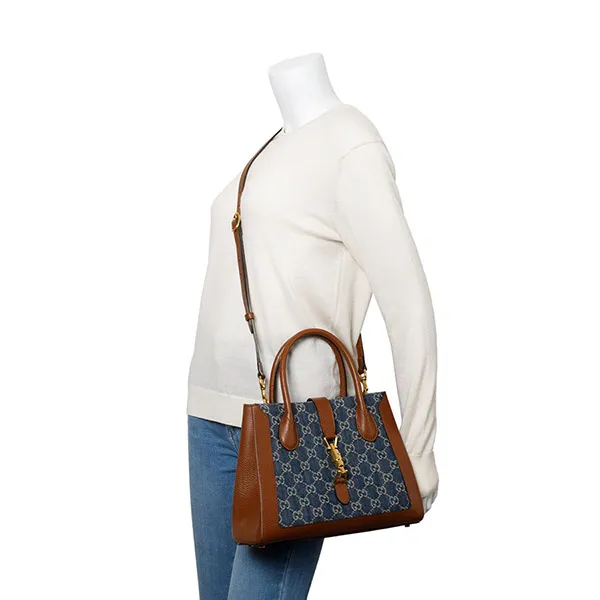 Túi Tote Gucci GG Denim Medium Jackie 1961 Top Handle Tote Bag w/ Strap Màu Xanh Nâu