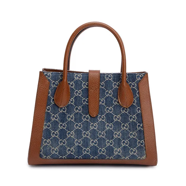 Túi Tote Gucci GG Denim Medium Jackie 1961 Top Handle Tote Bag w/ Strap Màu Xanh Nâu