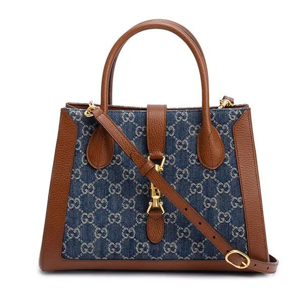 Túi Tote Gucci GG Denim Medium Jackie 1961 Top Handle Tote Bag w/ Strap Màu Xanh Nâu