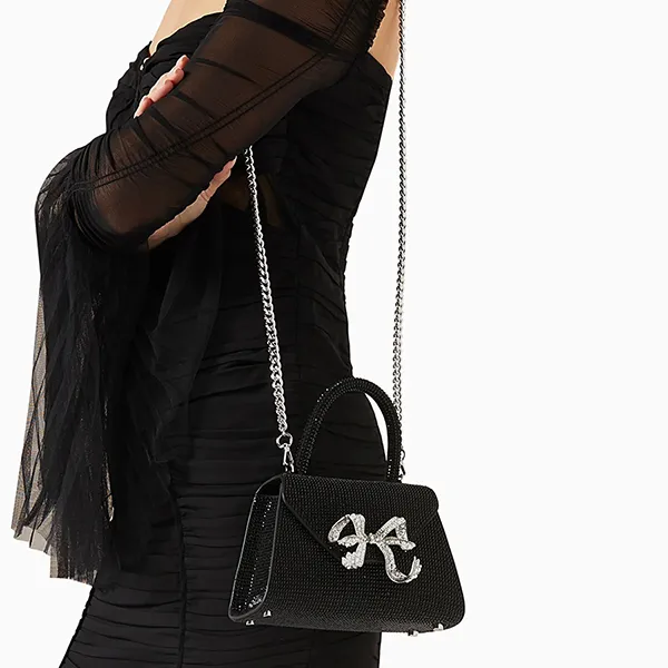 Túi Xách Tay Nữ Self-Portrait Mini Bow Envelope Rhinestone Embellished Bag In Faux Leather Màu Đen