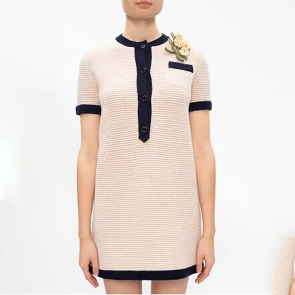 Váy Nữ Gucci GG Knitted Dress With Flower Brooch Màu Trắng Kem Size S