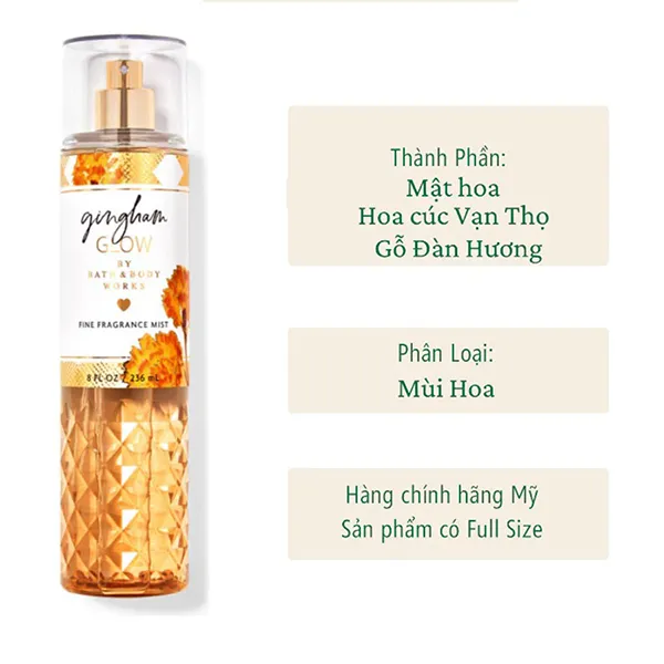 Xịt Thơm Toàn Thân Hương Nước Hoa Bath & Body Works Gingham Glow Mist 236ml