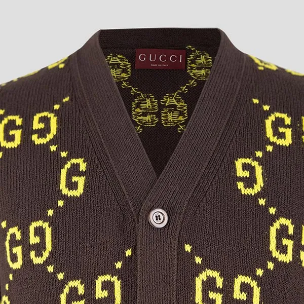 Áo Cardigan Nam Gucci Brown Monogram Jacquard With Logo Lime 791041 XKD35 2058 Màu Nâu Size XS