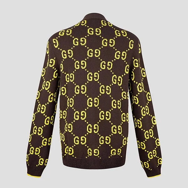 Áo Cardigan Nam Gucci Brown Monogram Jacquard With Logo Lime 791041 XKD35 2058 Màu Nâu Size XS