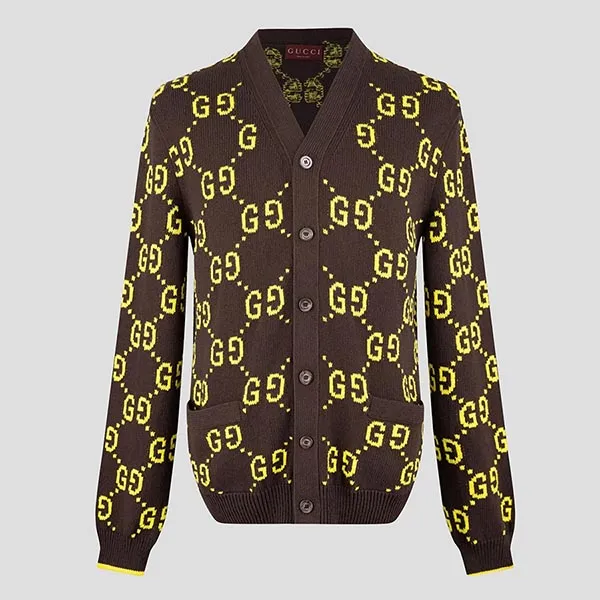 Áo Cardigan Nam Gucci Brown Monogram Jacquard With Logo Lime 791041 XKD35 2058 Màu Nâu Size XS