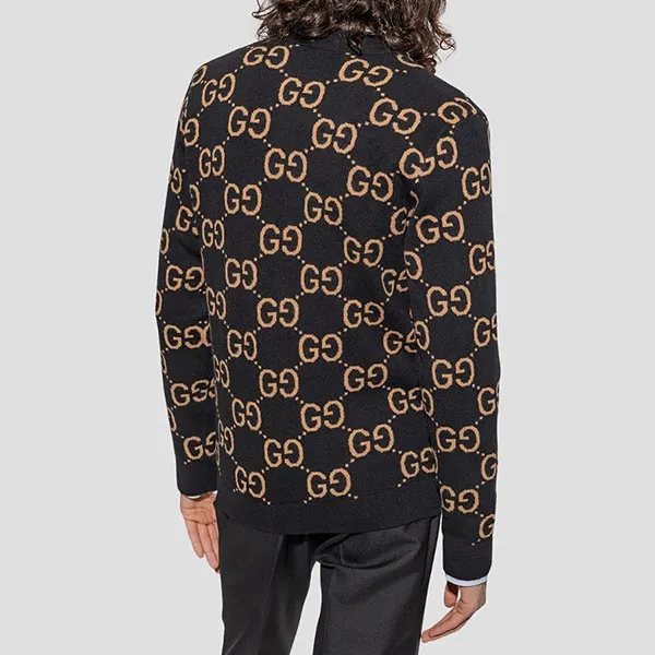 Áo Cardigan Nam Gucci Sweater Knitwear Monogram Wool In Black/Brown 694758 XKCC5 1440 Màu Đen Size S