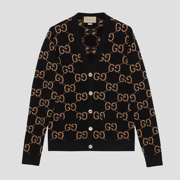 Áo Cardigan Nam Gucci Sweater Knitwear Monogram Wool In Black/Brown 694758 XKCC5 1440 Màu Đen Size S