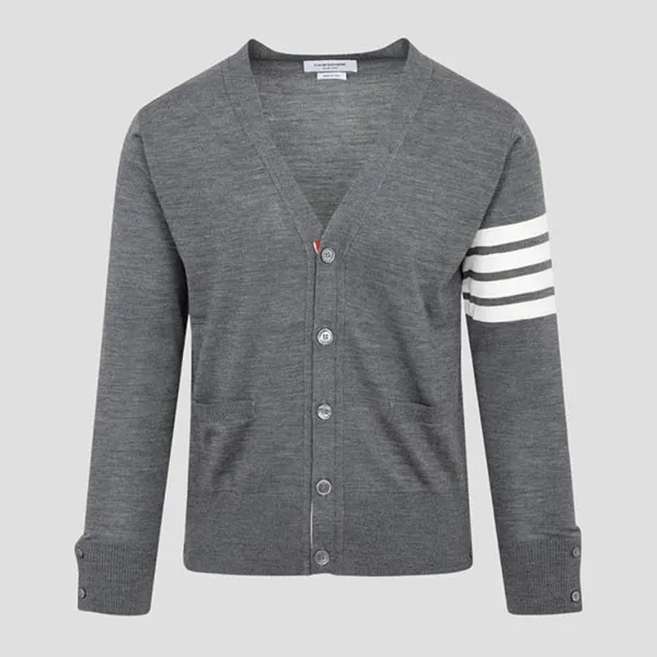 Áo Cardigan Nam Thom Browne Med Grey Merino Wool 4-bar Classic V-neck MKC002A Y1014 038 Màu Xám Size 2