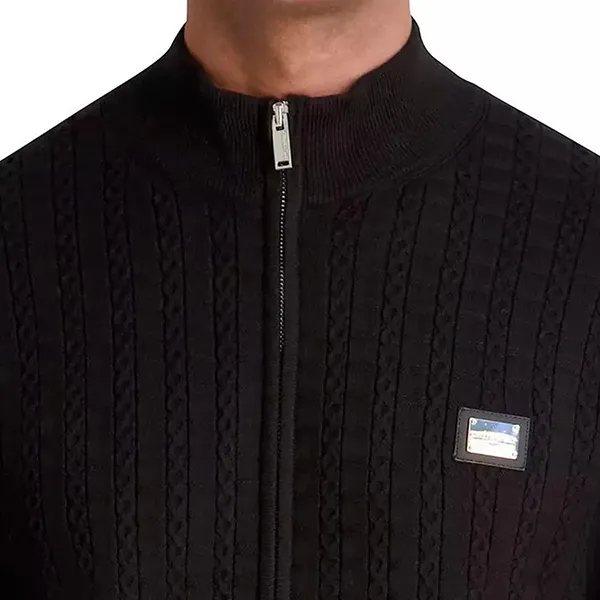 Áo Khoác Len Nam Karl Lagerfeld Men's Full Zip Cable Knit Sweater S4394 - BLK Màu Đen Size S