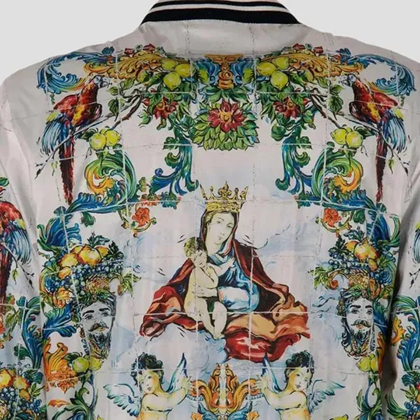 Áo Khoác Nam Dolce & Gabbana D&G Majolica Baroque Printed Nylon Bomber Blue White G9LI4T HPM17 Phối Màu Size 48
