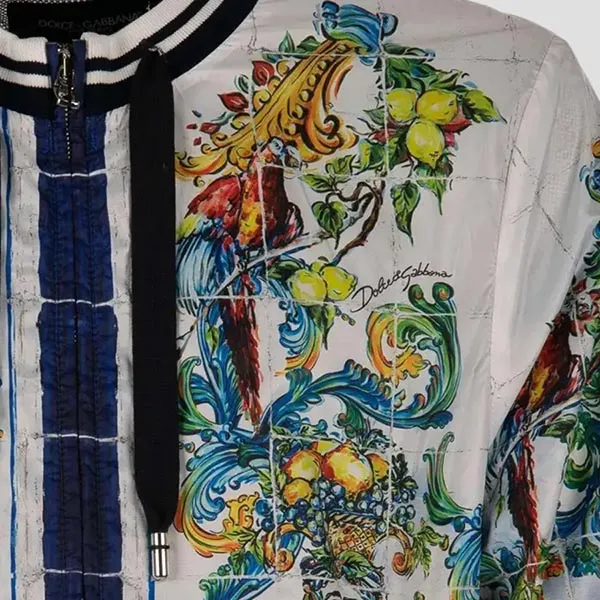 Áo Khoác Nam Dolce & Gabbana D&G Majolica Baroque Printed Nylon Bomber Blue White G9LI4T HPM17 Phối Màu Size 48