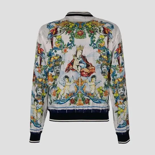 Áo Khoác Nam Dolce & Gabbana D&G Majolica Baroque Printed Nylon Bomber Blue White G9LI4T HPM17 Phối Màu Size 48