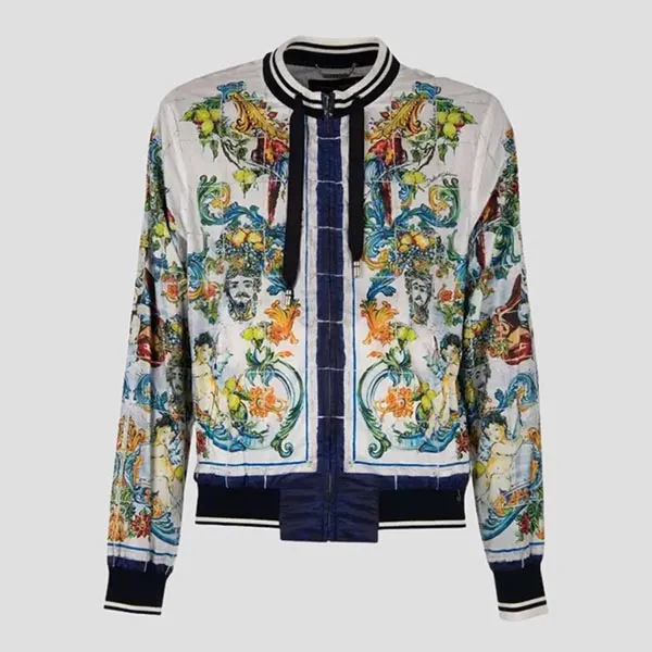 Áo Khoác Nam Dolce & Gabbana D&G Majolica Baroque Printed Nylon Bomber Blue White G9LI4T HPM17 Phối Màu Size 48
