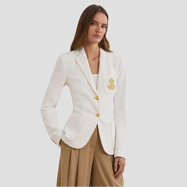 Áo Khoác Nữ Ralph Lauren Waisted Blazer White With Logo Gold Embroidered 200797305001 Màu Trắng Size M