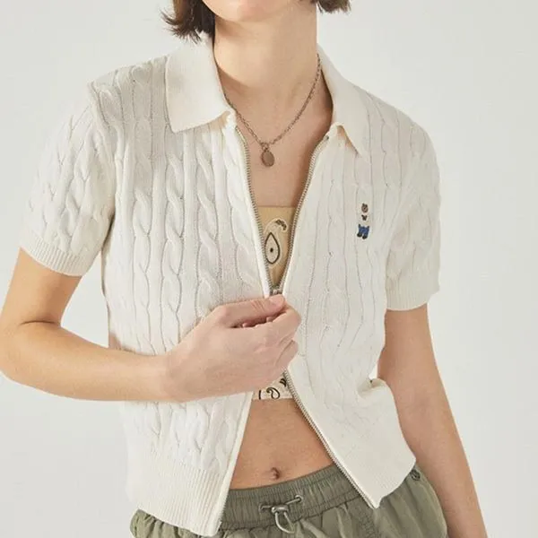 Áo Len Nữ WHOAU Steve Cable ShortSleeve Zip-up Cardigan WHCKF2431F Màu Trắng Size S