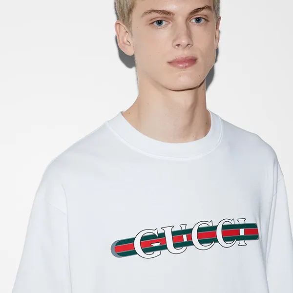 Áo Phông Nam Gucci Printed Cotton Jersey T-Shirt 784361 XJGKB 9074 Màu Trắng Size S