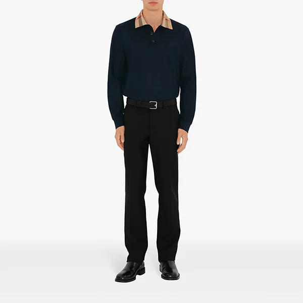 Áo Polo Dài Tay Nam Burberry Cotton Shirt Màu Xanh Navy Size S