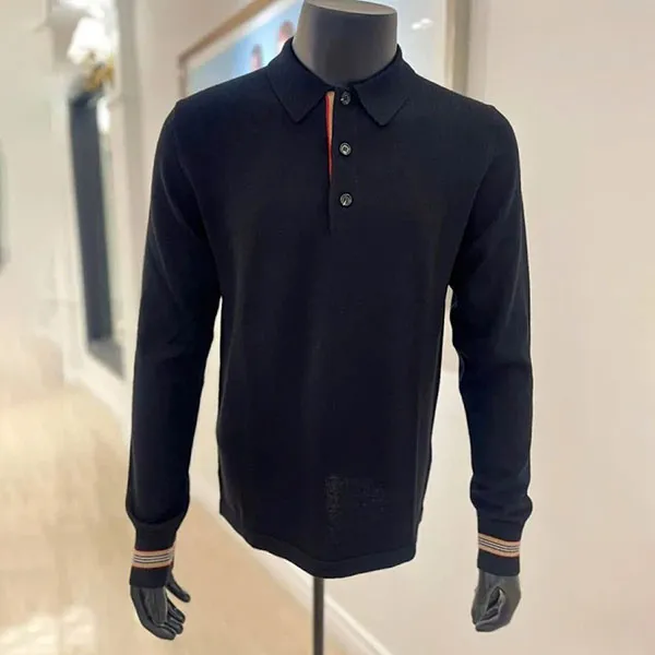 Áo Polo Dài Tay Nam Burberry Wool Long-sleeved Icon Stripe Polo Shirt In Màu Đen Size XS
