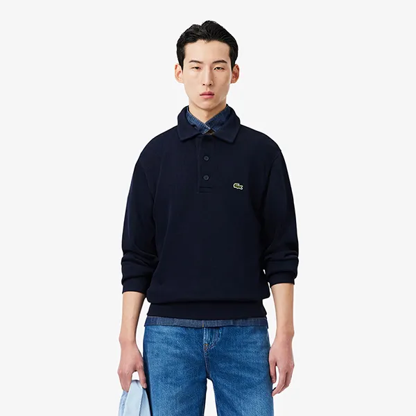 Áo Polo Dài Tay Nam Lacoste Ribbed Cotton Collar Sweatshirt SH5781 - 166 Màu Xanh Navy Size 4