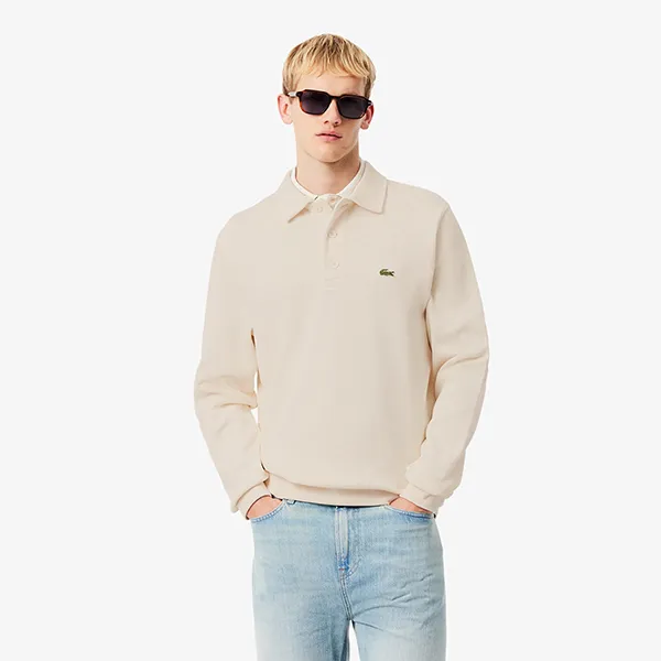 Áo Polo Dài Tay Nam Lacoste Ribbed Cotton Collar Sweatshirt SH5781 - XFJ Màu Trắng Kem Size 3