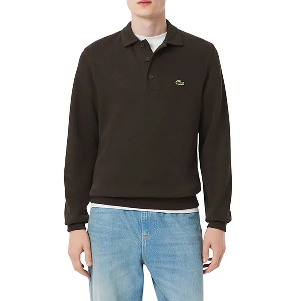 Áo Polo Dài Tay Nam Lacoste Ribbed Cotton Polo Collar Sweatshirt SH5781-SKB Màu Nâu Size 3