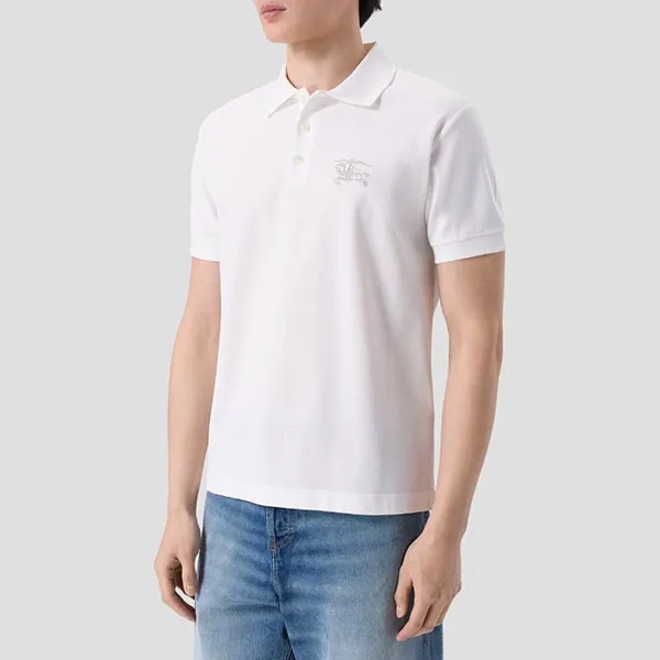 Áo Polo Nam Burberry Metallic EKD Cotton Chalk White Logo Embroidered 8119009 Màu Trắng Size S