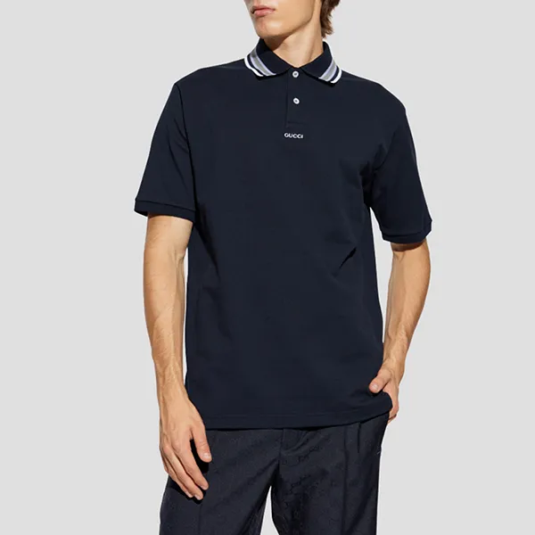 Áo Polo Nam Gucci Embroidered Logo In Navy Blue With Striped Trims 788024 XJGJY 4215 Màu Navy Size S