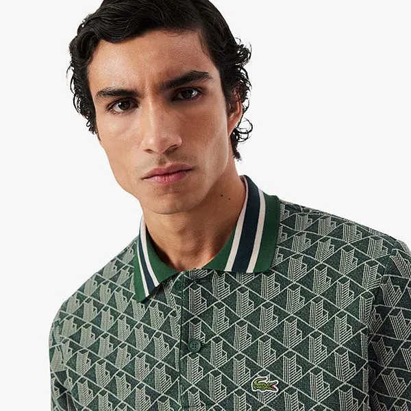 Áo Polo Nam Lacoste Men's Classic Fit Contrast Collar Monogram DH1417 D1R Màu Xanh Lá Size 4