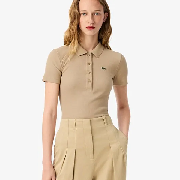 Áo Polo Nữ Lacoste Slim Fit L.12.D Ribbed Tshirt DF5377_02S Màu Be Size 34