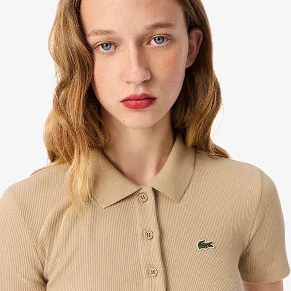 Áo Polo Nữ Lacoste Slim Fit L.12.D Ribbed Tshirt DF5377_02S Màu Be Size 34