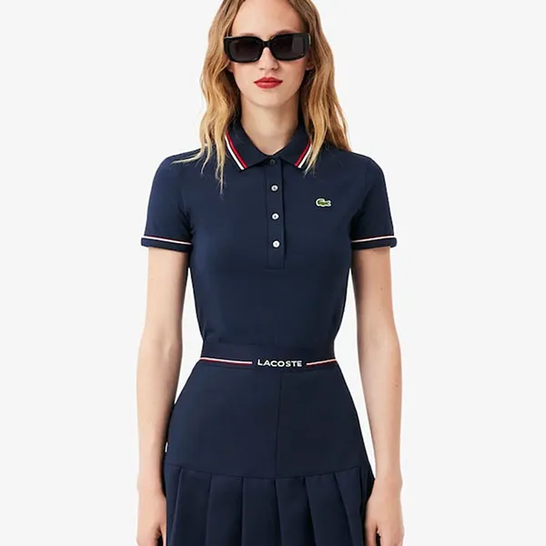 Áo Polo Nữ Lacoste Women's L.12.D Slim Fit Trim Detail DF5284_DB3 Màu Xanh Navy Size 34