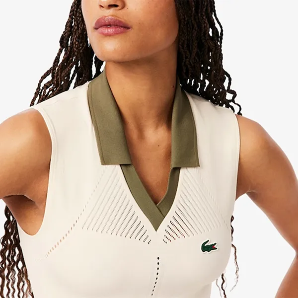 Áo Polo Nữ Lacoste Women's Sleeveless Stretch Knit Tennis PF0614-51-AI1 Màu Trắng/Kaki Size 34