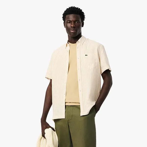 Áo Sơ Mi Cộc Tay Nam Lacoste Men's Regular Fit Short Sleeve Linen Shirt CH8061 IR7 Màu Trắng Be Size 38