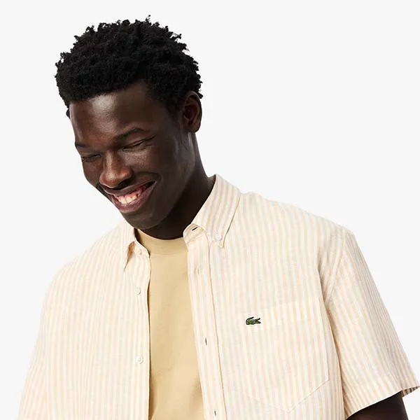 Áo Sơ Mi Cộc Tay Nam Lacoste Men's Regular Fit Short Sleeve Linen Shirt CH8061 IR7 Màu Trắng Be Size 38