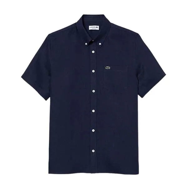 Áo Sơ Mi Cộc Tay Nam Lacoste Men's Short Sleeved Linen Shirt CH5699 166 Màu Xanh Navy Size 38