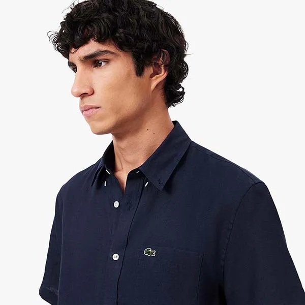 Áo Sơ Mi Cộc Tay Nam Lacoste Men's Short Sleeved Linen Shirt CH5699 166 Màu Xanh Navy Size 38