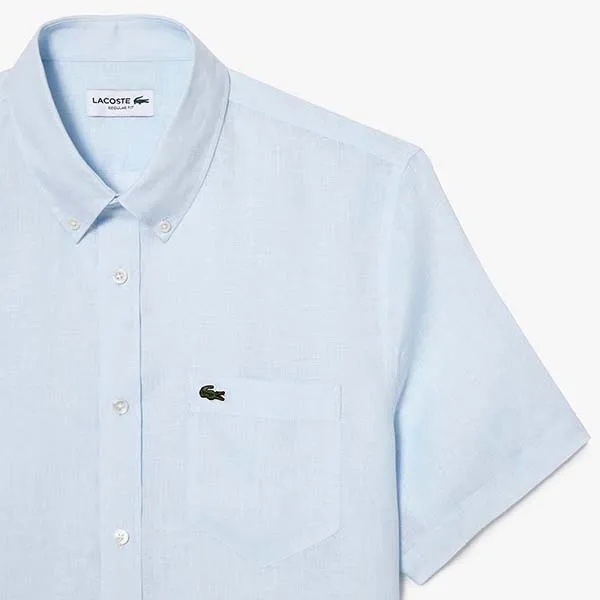 Áo Sơ Mi Cộc Tay Nam Lacoste Men's Short Sleeved Linen Shirt CH5699 T01 Màu Xanh Da Trời Size 40