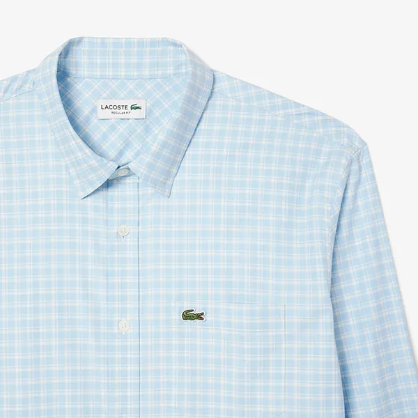 Áo Sơ Mi Dài Tay Nam Lacoste Regular Fit Stretch Plaid Shirt CH1343 62E Màu Xanh Nhạt Size 40