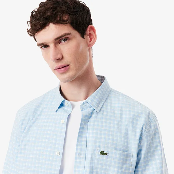 Áo Sơ Mi Dài Tay Nam Lacoste Regular Fit Stretch Plaid Shirt CH1343 62E Màu Xanh Nhạt Size 40