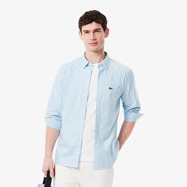 Áo Sơ Mi Dài Tay Nam Lacoste Regular Fit Stretch Plaid Shirt CH1343 62E Màu Xanh Nhạt Size 40