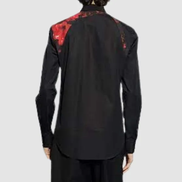 Áo Sơ Mi Nam Alexander McQueen Black Cotton Poplin Harness Wax Flower-print 795126 QNAAD 1000 Màu Đen Size 15