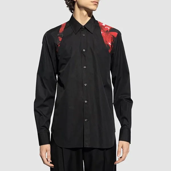 Áo Sơ Mi Nam Alexander McQueen Black Cotton Poplin Harness Wax Flower-print 795126 QNAAD 1000 Màu Đen Size 15